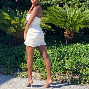 White ruched PU leather dress